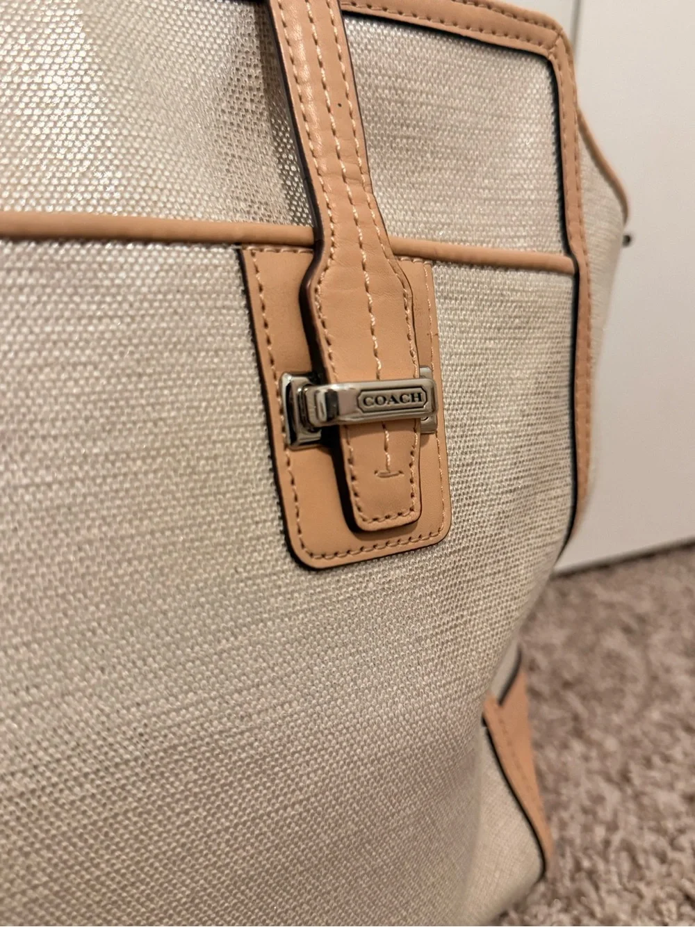 Coach Taylor Carryall Bag Metallic Silver Coated Canvas Camel Tan Leather Tote